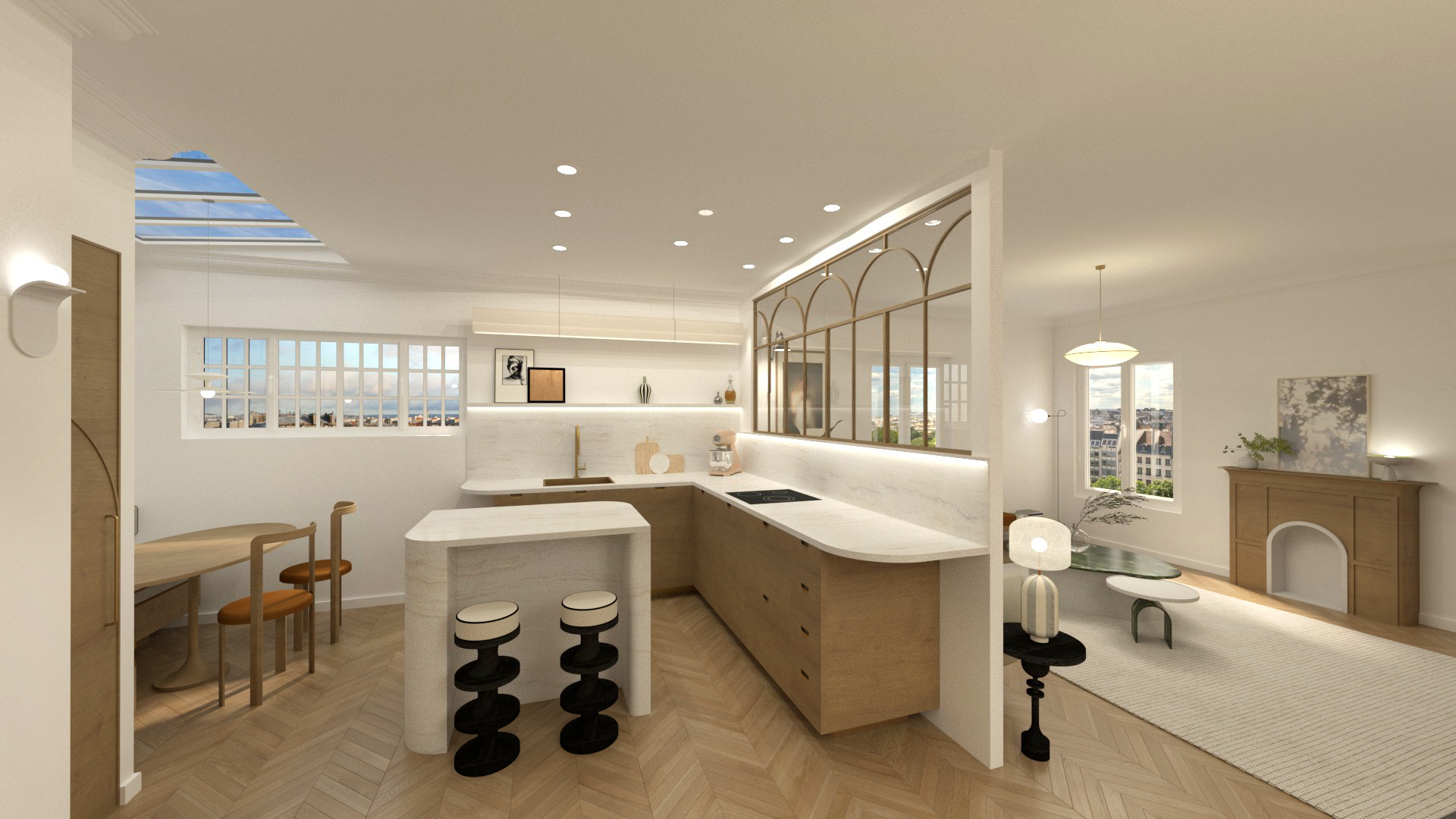 Réalisation d'un projet de design d’intérieur et design mural à Paris 18e arrondissement (75018) pour un appartement de particulier souhaitant rénover ses pièces de vie (entrée, cuisine et espace dinatoire, salon)