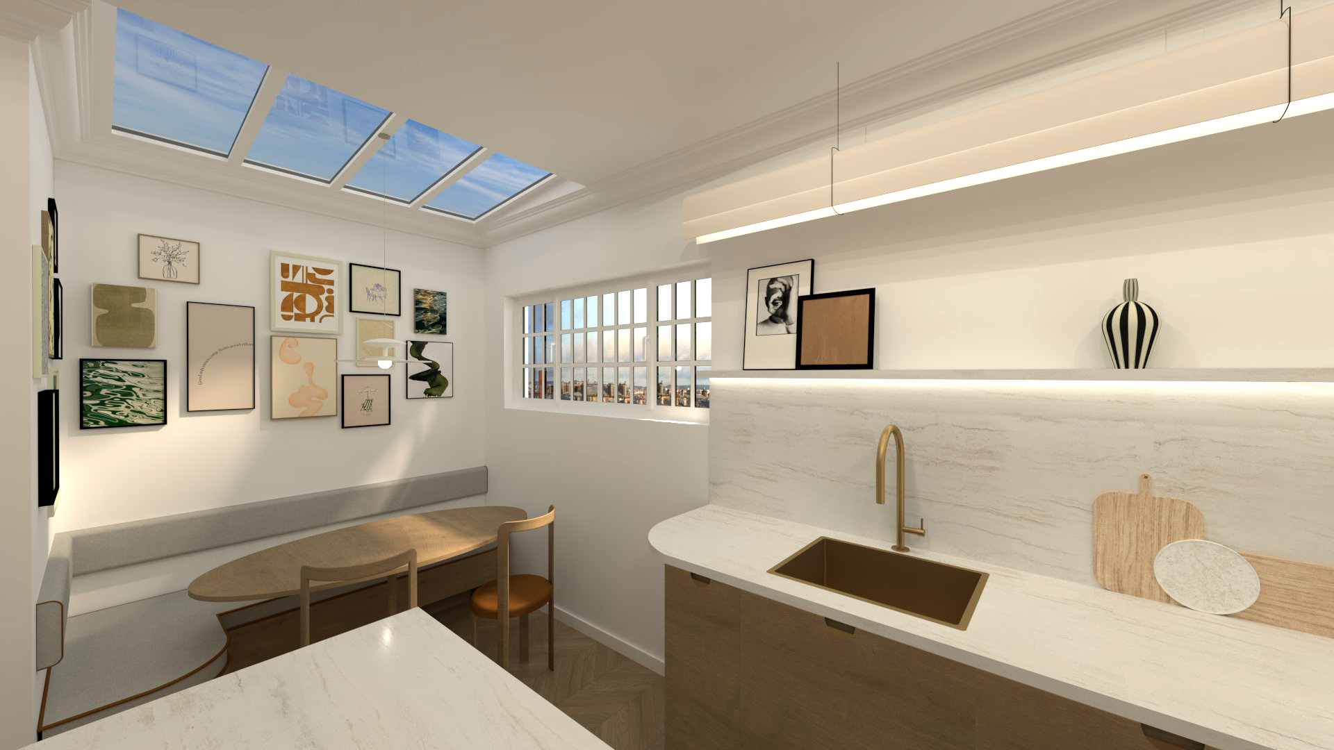 Réalisation d'un projet de design d’intérieur et design mural à Paris 18e arrondissement (75018) pour un appartement de particulier souhaitant rénover ses pièces de vie (entrée, cuisine et espace dinatoire, salon)