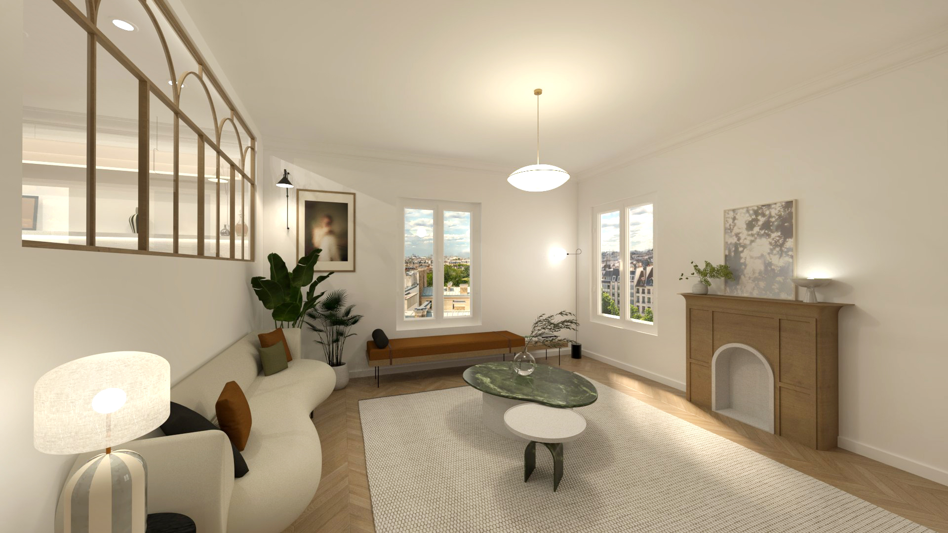 Réalisation d'un projet de design d’intérieur et design mural à Paris 18e arrondissement (75018) pour un appartement de particulier souhaitant rénover ses pièces de vie (entrée, cuisine et espace dinatoire, salon)