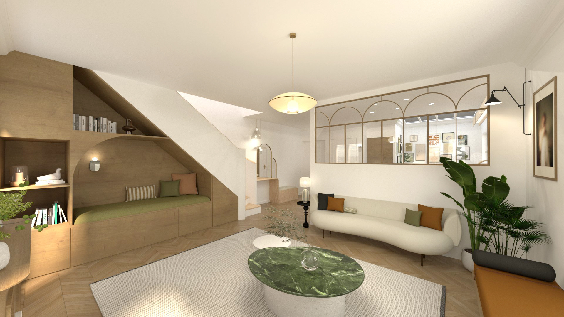 Réalisation d'un projet de design d’intérieur et design mural à Paris 18e arrondissement (75018) pour un appartement de particulier souhaitant rénover ses pièces de vie (entrée, cuisine et espace dinatoire, salon)