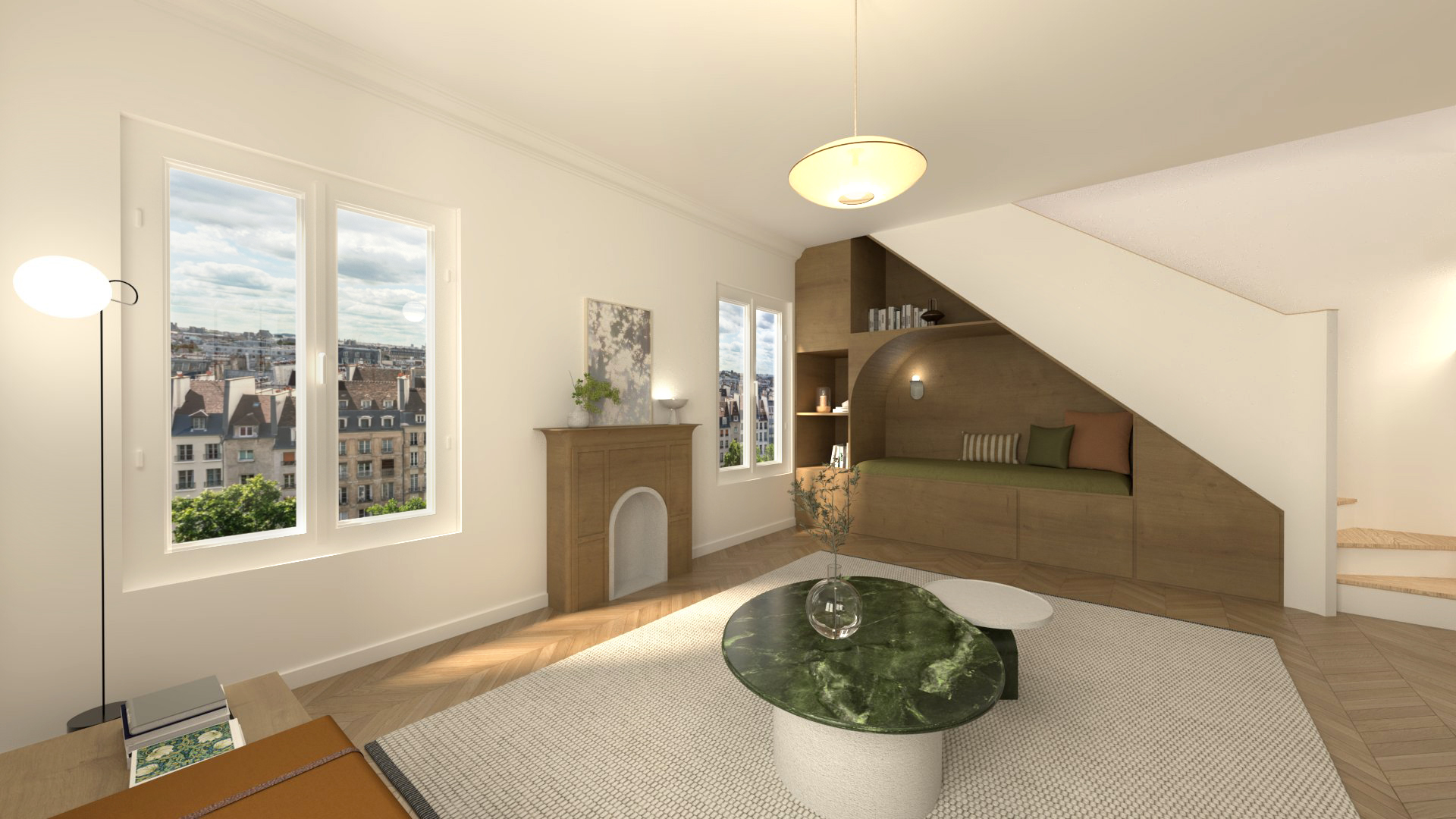 Réalisation d'un projet de design d’intérieur et design mural à Paris 18e arrondissement (75018) pour un appartement de particulier souhaitant rénover ses pièces de vie (entrée, cuisine et espace dinatoire, salon)