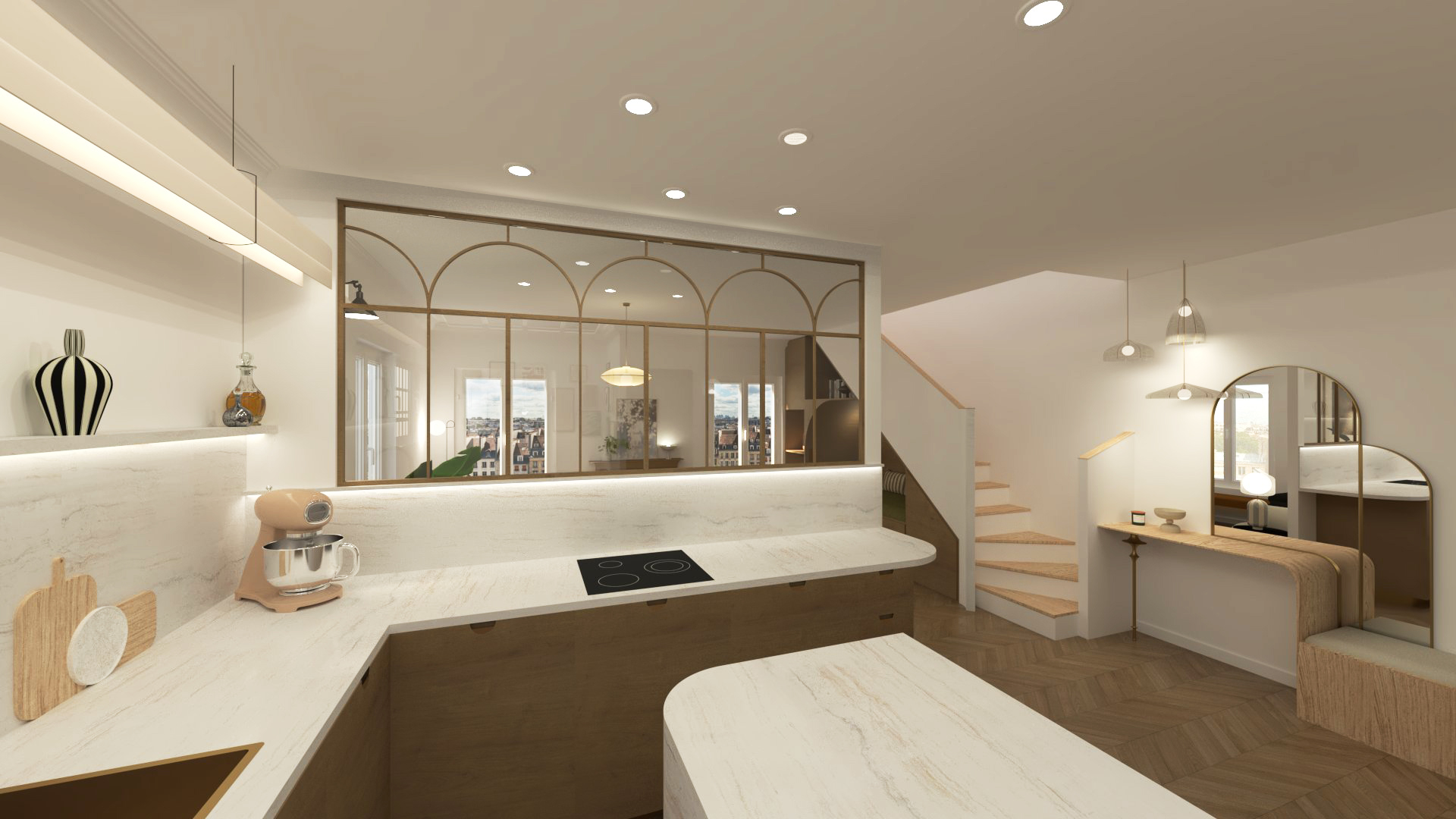 vue depuis la salle à manger où la transparence de cette verrière d'inspiration Art-déco en bois laisse entrevoir les toits de Paris et la belle luminosité de l'appartement