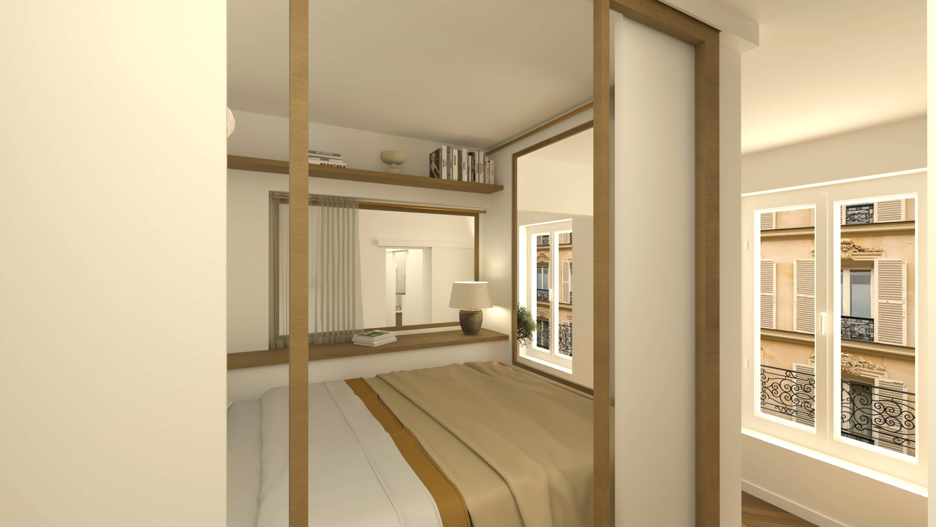 Design d’intérieur à Oberkampf : un espace nuit ouvert néanmoins intime.