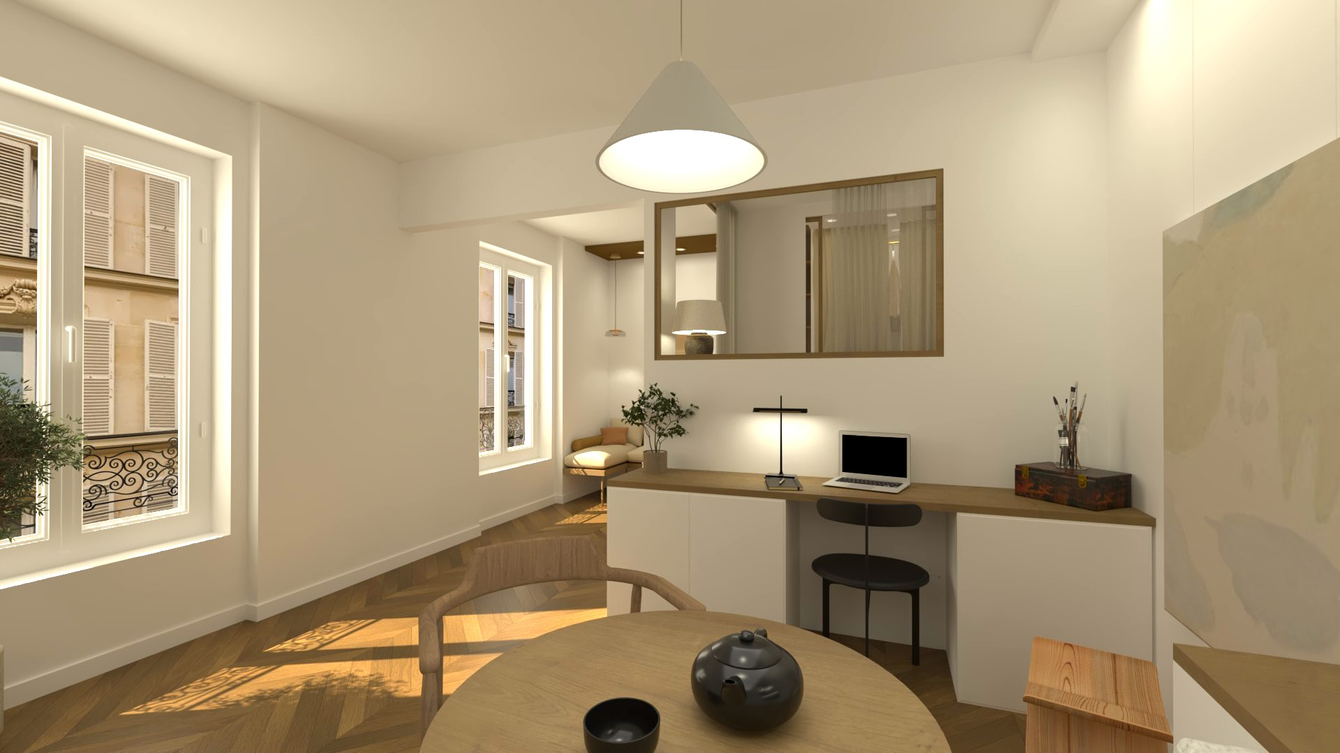 Réalisation d'un projet de design d'intérieur à Oberkampf. Optimisation d'un studio offrant de nombreux rangements.