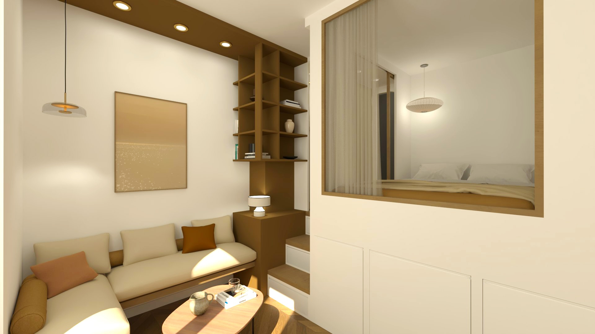 Réalisation d'un projet de design d'intérieur à Oberkampf. Optimisation d'un studio offrant de nombreux rangements.