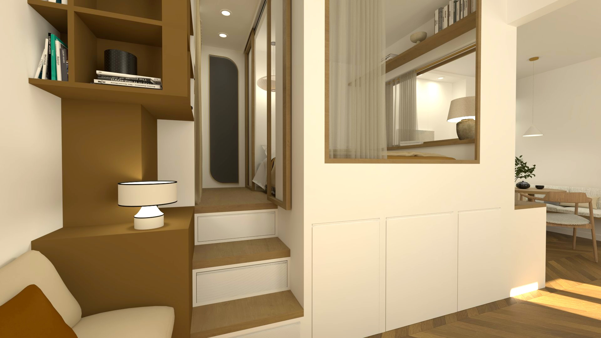 Réalisation d'un projet de design d'intérieur à Oberkampf. Optimisation d'un studio offrant de nombreux rangements.
