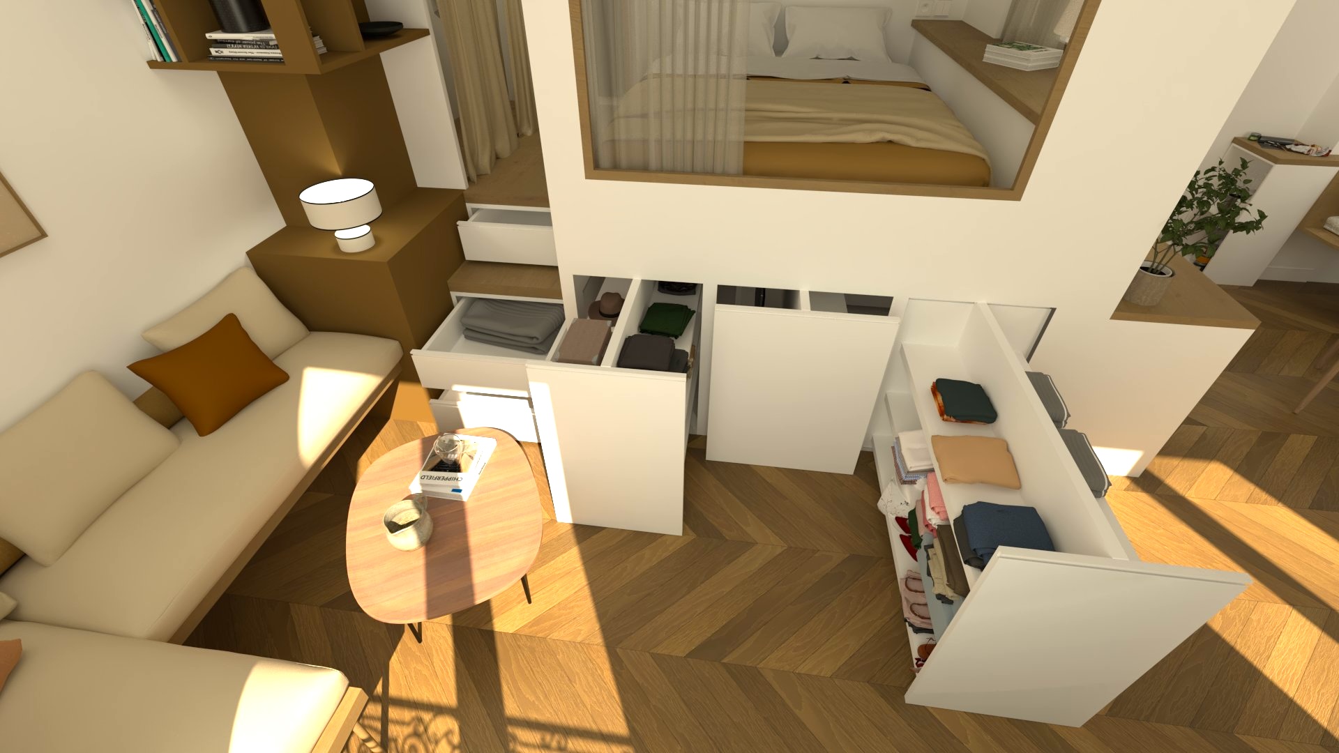 Un espace offrant de multiples rangements avec un module central et des agencements pensés sur-mesure.