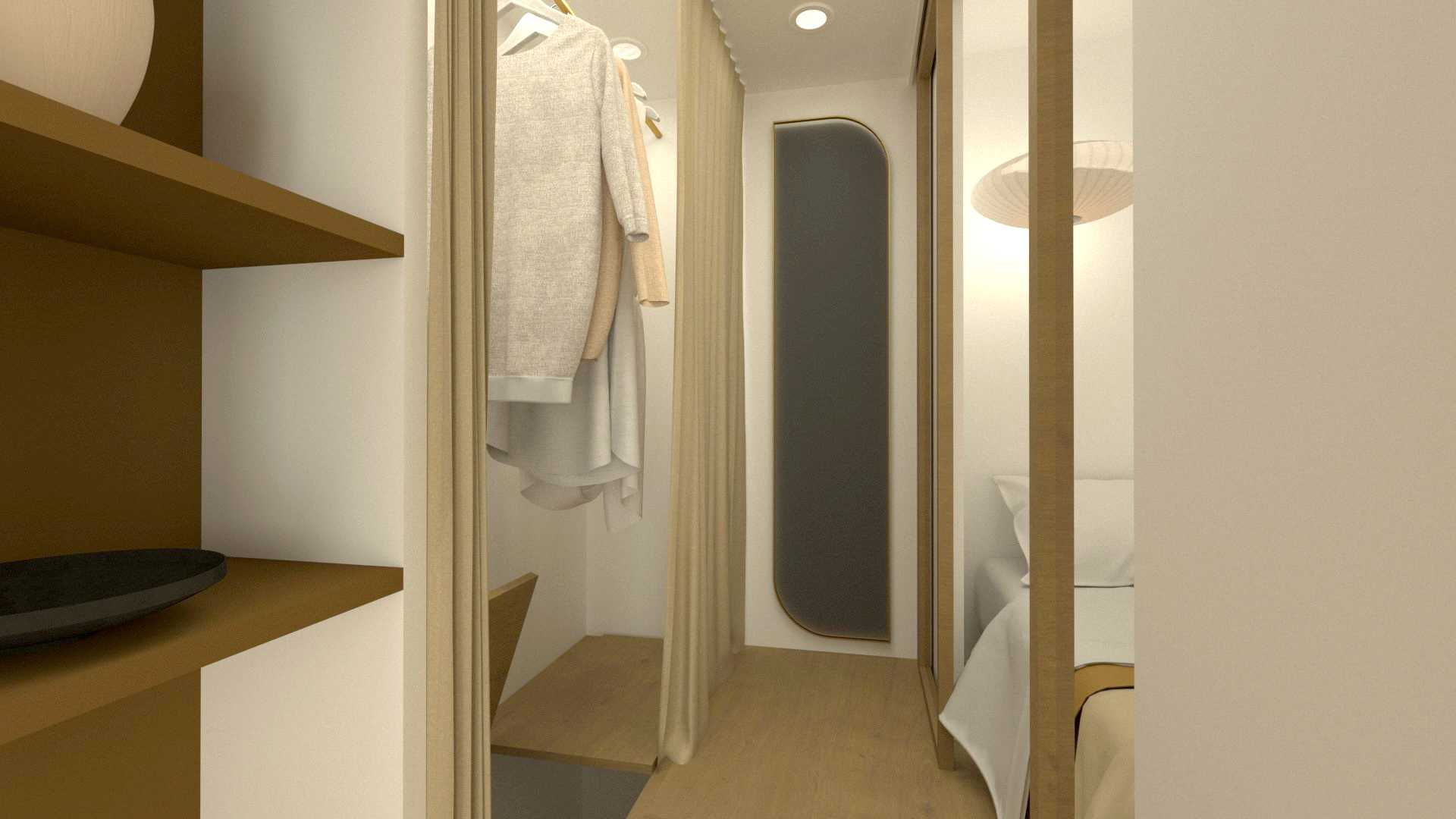 Un espace offrant de multiples rangements avec un module central et des agencements pensés sur-mesure.