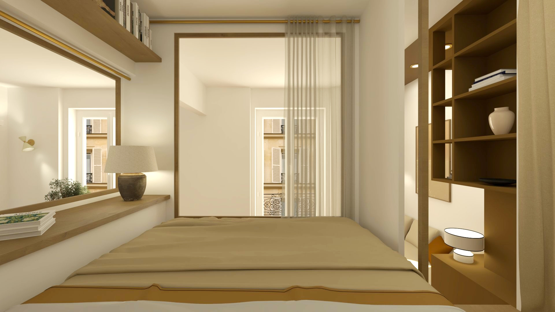 Design d’intérieur à Oberkampf : un espace nuit ouvert néanmoins intime.