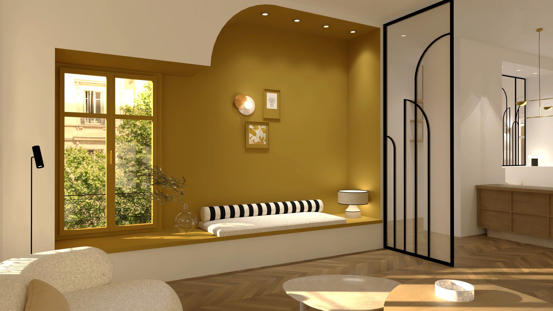 projet de design d'intérieur à Rennes : un coin salon qui dynamise chaleureusement les espaces !
