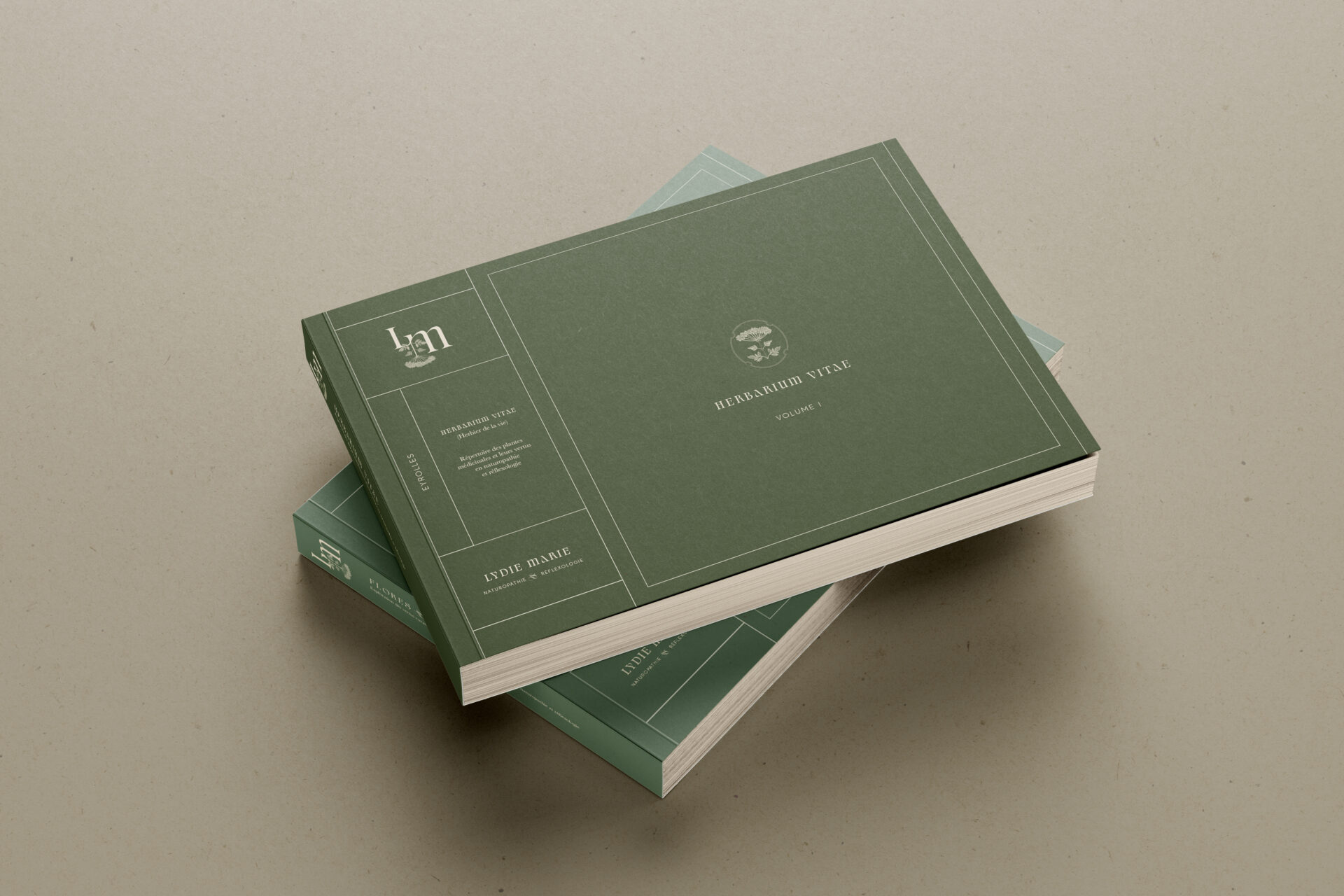 Identité visuelle de Lydie Marie : projet de conception graphique en Normandie, activité professionnelle de naturopathie et réflexologie. Création logo, charte graphique et supports de communication.