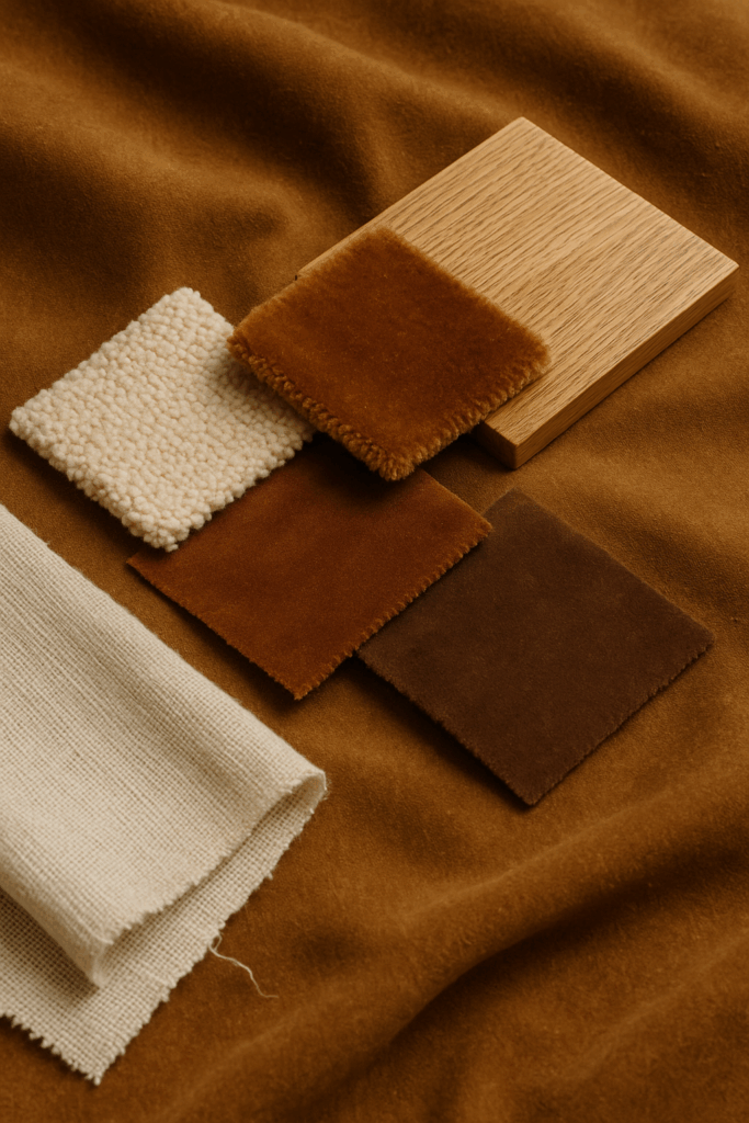 Échantillons de matières – bois, velours, laine, tissu écru – pour projet d’architecture d’intérieur Paris